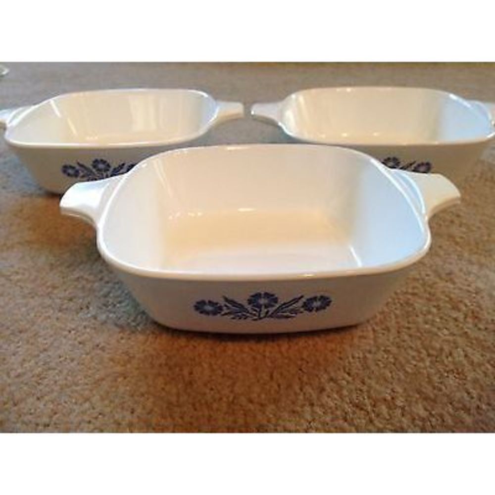 3 CORNING BLUE CORNFLOWER P-41 PETITE PAN CASSEROLE DISHES
